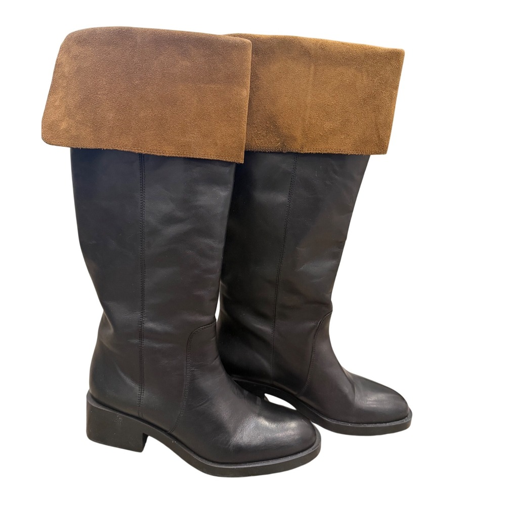 Zara Black Leather Brown Suede Fold Over Cuff Tall Boots